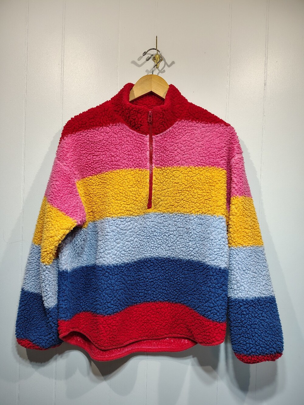 Old Navy Colorblock Sherpa Fleece Quarter Zip Pullover Multi Stripe Medium